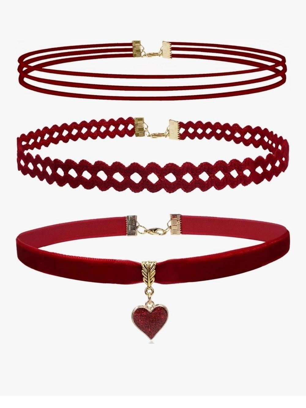 Red Velvet & Cord‎ Triple Choker Necklace Set - Women Jewelry
